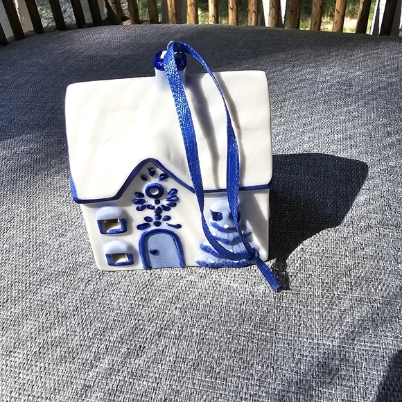 Ceramic House Ornament with Blue Accents - Picture 1 of 6